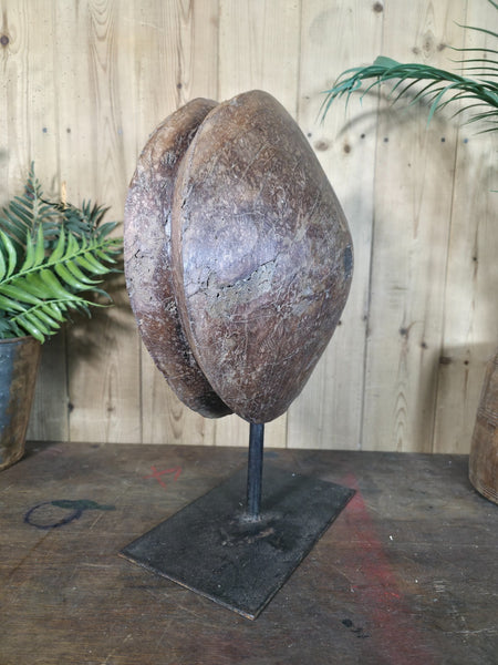 Old Ancient Wabi Sabi Rustic Salvaged Wooden Pulley Cart Wheel Mounted on stand