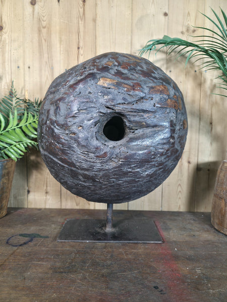 Old Ancient Wabi Sabi Rustic Salvaged Wooden Pulley Cart Wheel Mounted on stand