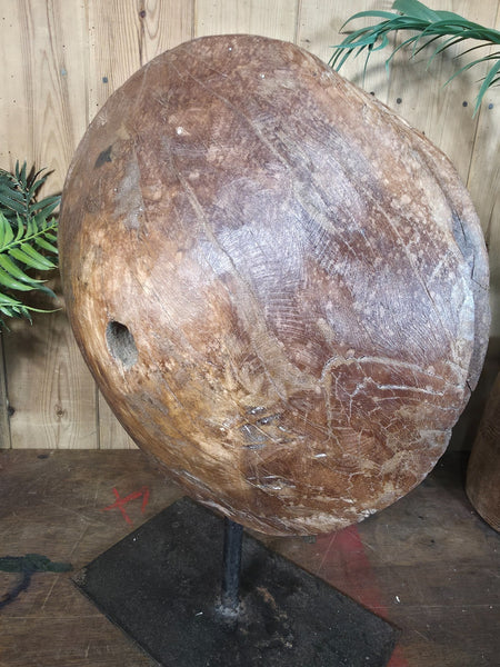 Old Ancient Wabi Sabi Rustic Salvaged Wooden Pulley Cart Wheel Mounted on stand