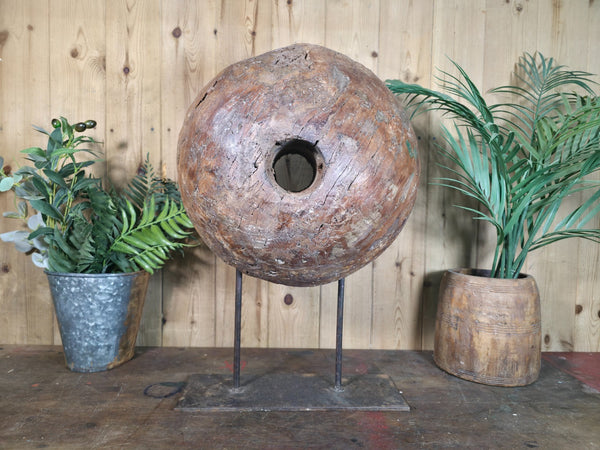 Old Ancient Wabi Sabi Rustic Salvaged Wooden Pulley Cart Wheel Mounted On Stand