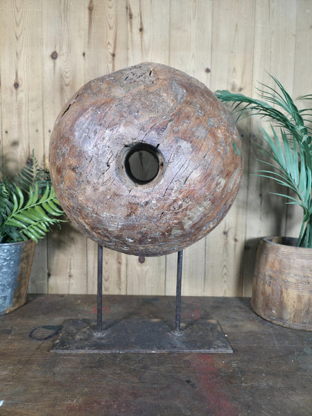 Old Ancient Wabi Sabi Rustic Salvaged Wooden Pulley Cart Wheel Mounted On Stand