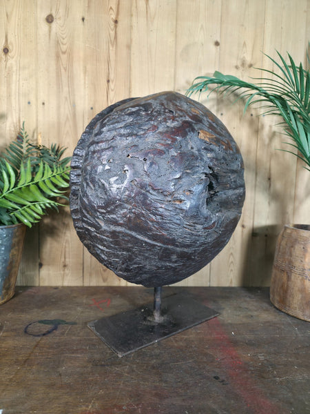 Old Ancient Wabi Sabi Rustic Salvaged Wooden Pulley Cart Wheel Mounted on stand