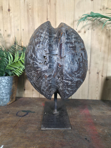 Old Ancient Wabi Sabi Rustic Salvaged Wooden Pulley Cart Wheel Mounted on stand