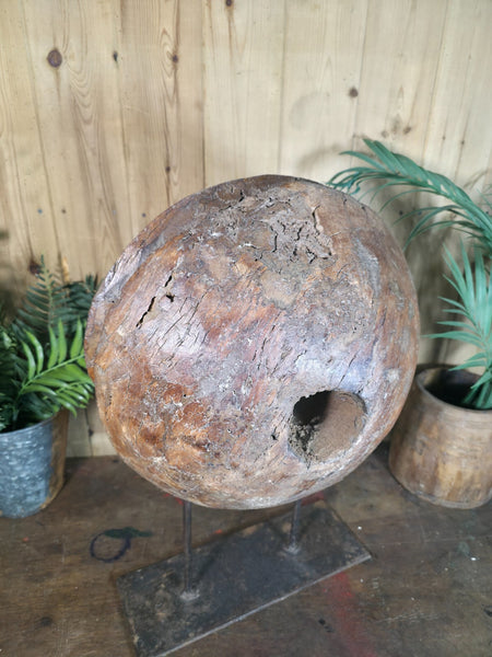 Old Ancient Wabi Sabi Rustic Salvaged Wooden Pulley Cart Wheel Mounted On Stand