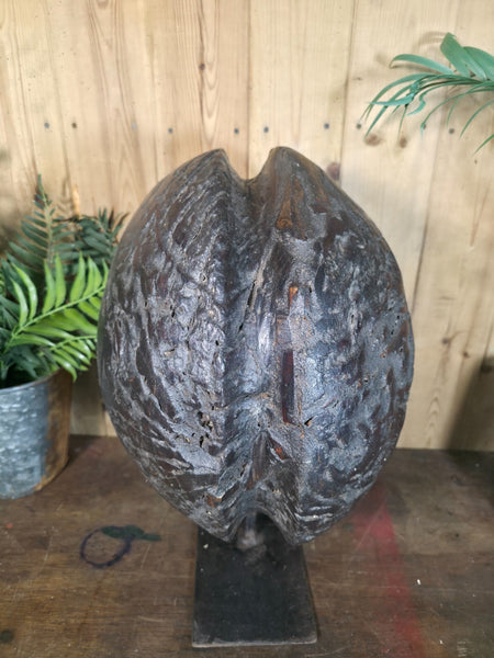 Old Ancient Wabi Sabi Rustic Salvaged Wooden Pulley Cart Wheel Mounted on stand