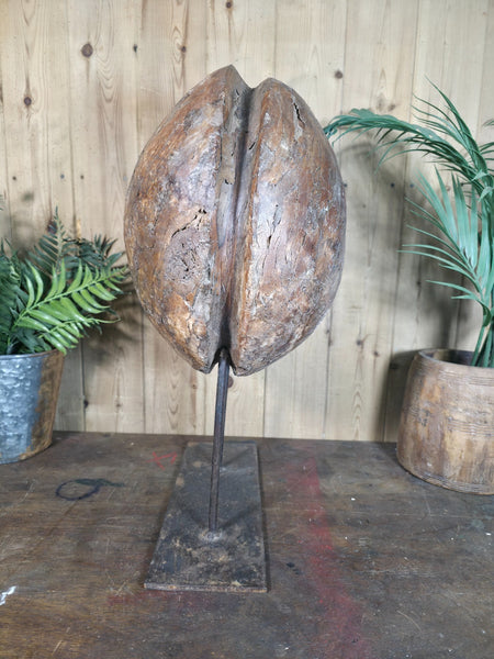 Old Ancient Wabi Sabi Rustic Salvaged Wooden Pulley Cart Wheel Mounted On Stand