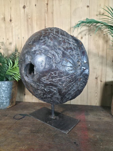 Old Ancient Wabi Sabi Rustic Salvaged Wooden Pulley Cart Wheel Mounted on stand