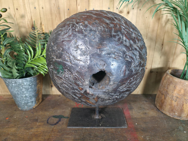 Old Ancient Wabi Sabi Rustic Salvaged Wooden Pulley Cart Wheel Mounted on stand