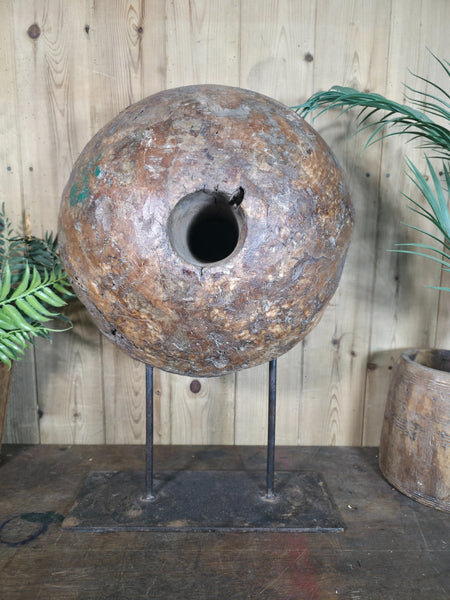 Old Ancient Wabi Sabi Rustic Salvaged Wooden Pulley Cart Wheel Mounted On Stand