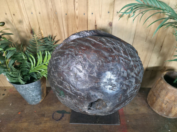 Old Ancient Wabi Sabi Rustic Salvaged Wooden Pulley Cart Wheel Mounted on stand