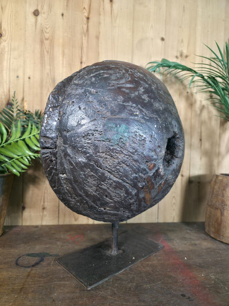 Old Ancient Wabi Sabi Rustic Salvaged Wooden Pulley Cart Wheel Mounted on stand