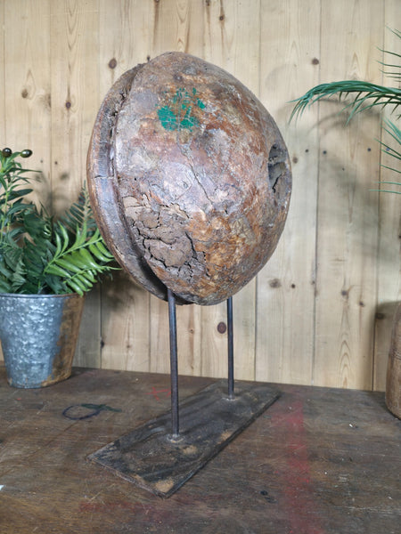 Old Ancient Wabi Sabi Rustic Salvaged Wooden Pulley Cart Wheel Mounted On Stand