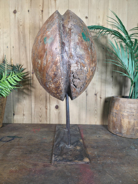 Old Ancient Wabi Sabi Rustic Salvaged Wooden Pulley Cart Wheel Mounted On Stand