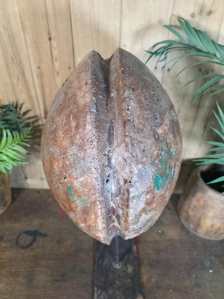 Old Ancient Wabi Sabi Rustic Salvaged Wooden Pulley Cart Wheel Mounted On Stand