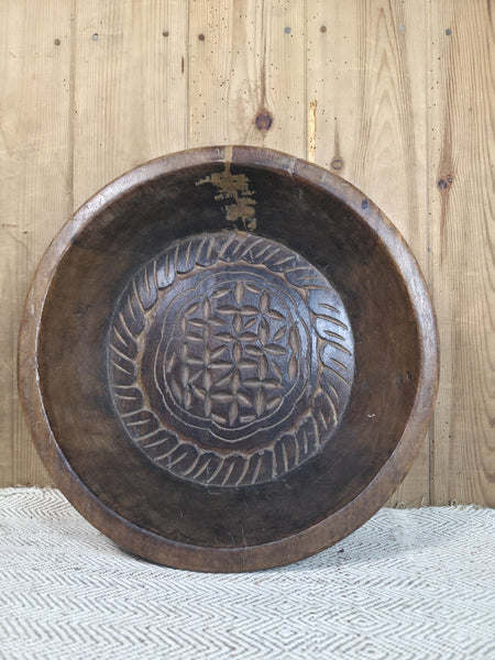 Vintage Rustic Wabi Sabi Indian Hand Carved Wooden Dough Bowl