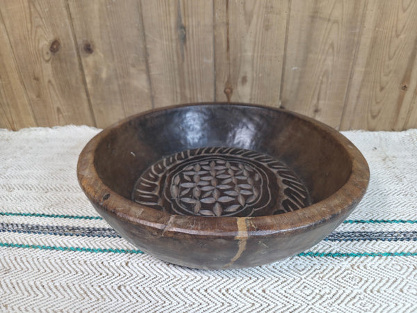 Vintage Rustic Wabi Sabi Indian Hand Carved Wooden Dough Bowl