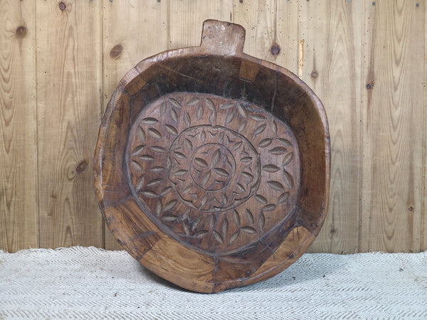 Vintage Rustic Wabi Sabi Indian Hand Carved Wooden Dough Bowl