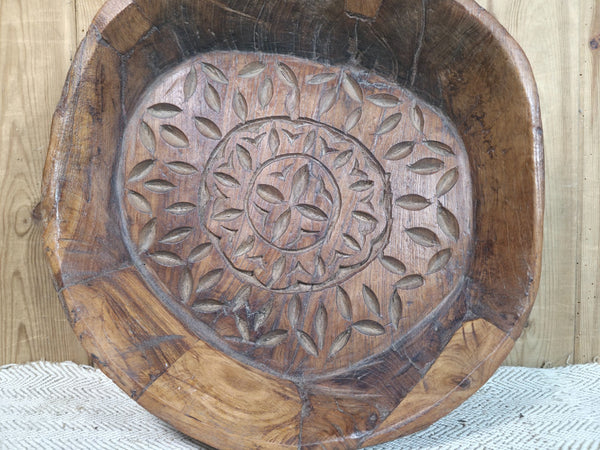 Vintage Rustic Wabi Sabi Indian Hand Carved Wooden Dough Bowl