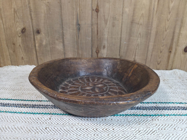 Vintage Rustic Wabi Sabi Indian Hand Carved Wooden Dough Bowl