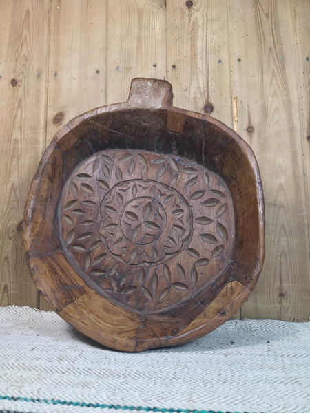 Vintage Rustic Wabi Sabi Indian Hand Carved Wooden Dough Bowl