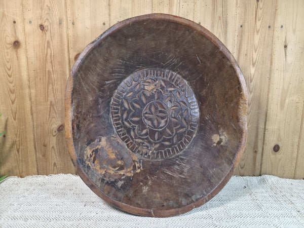 Vintage Rustic Wabi Sabi Indian Hand Carved Wooden Dough Bowl