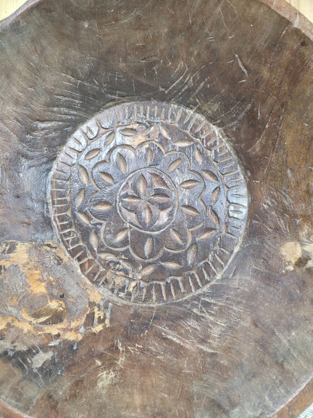 Vintage Rustic Wabi Sabi Indian Hand Carved Wooden Dough Bowl