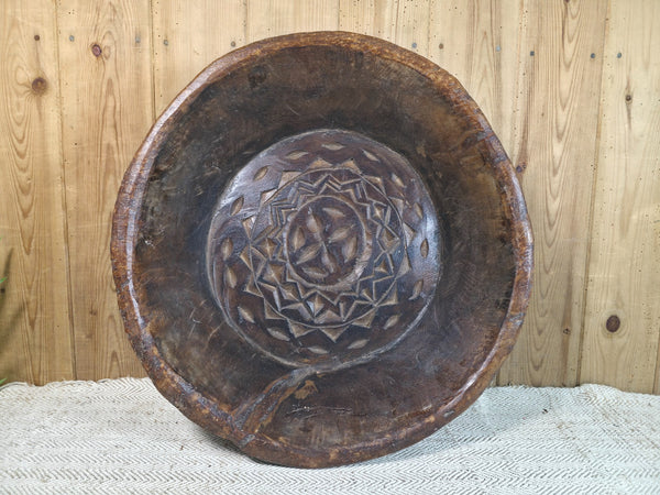 Vintage Rustic Wabi Sabi Indian Hand Carved Wooden Dough Bowl
