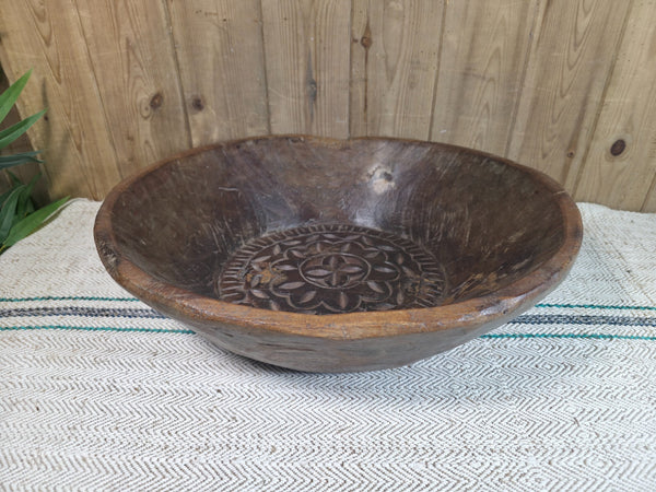 Vintage Rustic Wabi Sabi Indian Hand Carved Wooden Dough Bowl