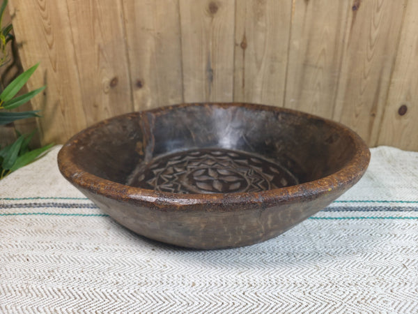 Vintage Rustic Wabi Sabi Indian Hand Carved Wooden Dough Bowl