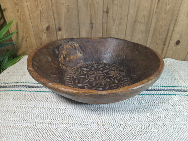 Vintage Rustic Wabi Sabi Indian Hand Carved Wooden Dough Bowl