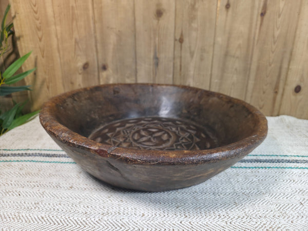 Vintage Rustic Wabi Sabi Indian Hand Carved Wooden Dough Bowl