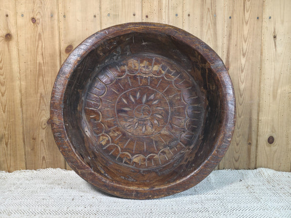Vintage Rustic Wabi Sabi Indian Hand Carved Wooden Dough Bowl