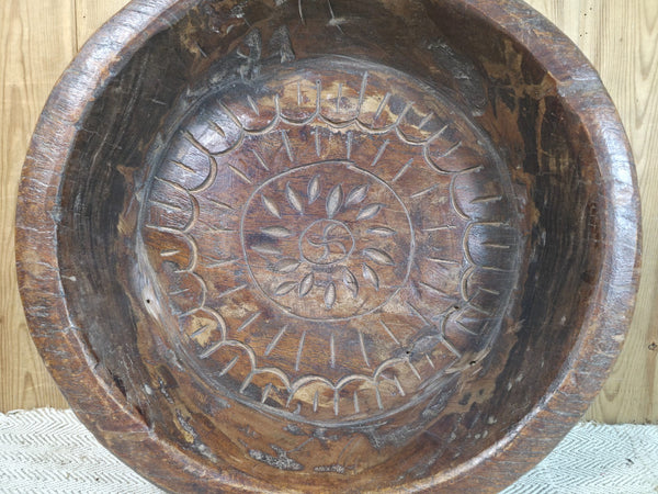 Vintage Rustic Wabi Sabi Indian Hand Carved Wooden Dough Bowl