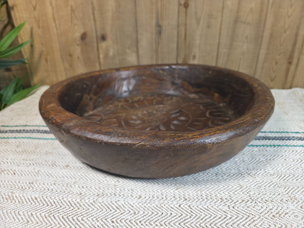 Vintage Rustic Wabi Sabi Indian Hand Carved Wooden Dough Bowl