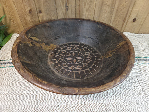 Vintage Rustic Wabi Sabi Indian Hand Carved Wooden Dough Bowl