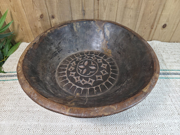 Vintage Rustic Wabi Sabi Indian Hand Carved Wooden Dough Bowl
