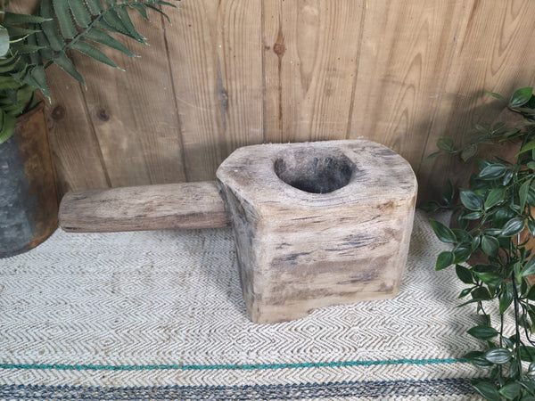 Large Old Vintage Rustic Wabi Sabi Hand Carved Wooden Mortar Bowl Dish