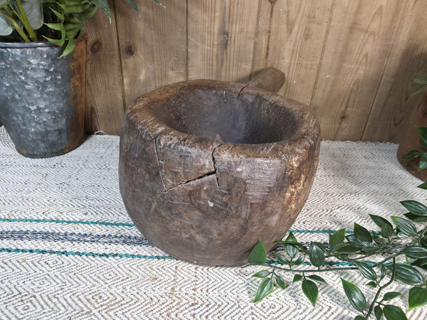 Large Old Vintage Rustic Wabi Sabi Hand Carved Wooden Mortar Bowl Dish