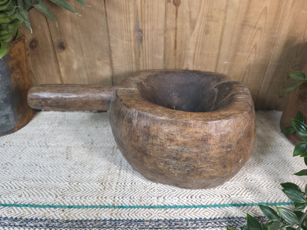 Large Old Vintage Rustic Wabi Sabi Hand Carved Wooden Mortar Bowl Dish