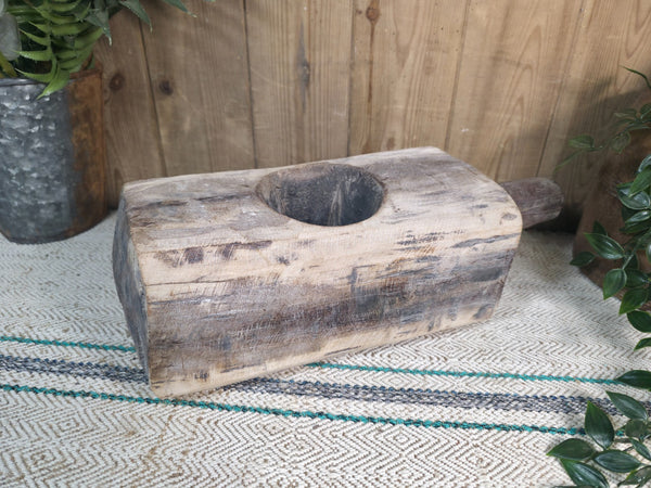 Large Old Vintage Rustic Wabi Sabi Hand Carved Wooden Mortar Bowl Dish