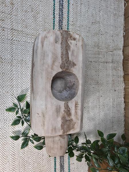 Large Old Vintage Rustic Wabi Sabi Hand Carved Wooden Mortar Bowl Dish