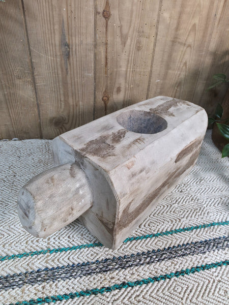 Large Old Vintage Rustic Wabi Sabi Hand Carved Wooden Mortar Bowl Dish
