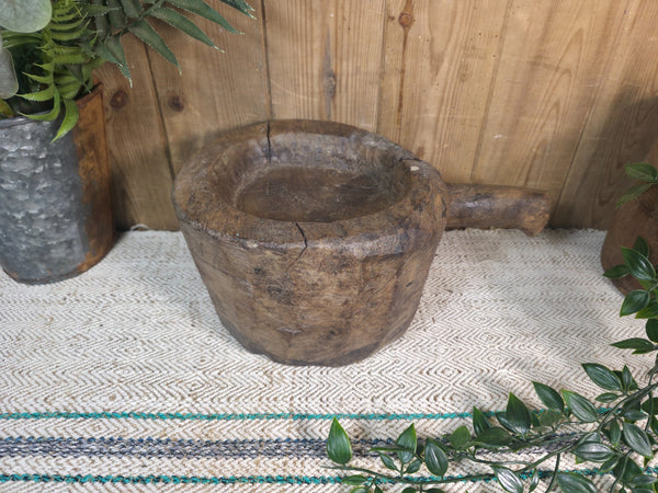 Large Old Vintage Rustic Wabi Sabi Hand Carved Wooden Mortar Bowl Dish