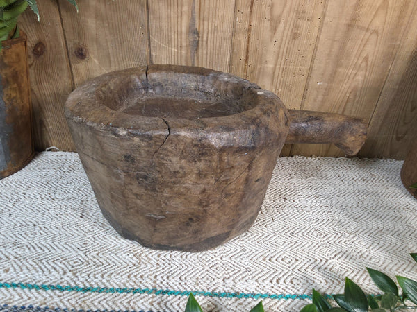 Large Old Vintage Rustic Wabi Sabi Hand Carved Wooden Mortar Bowl Dish