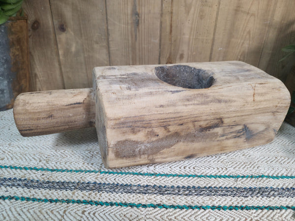 Large Old Vintage Rustic Wabi Sabi Hand Carved Wooden Mortar Bowl Dish