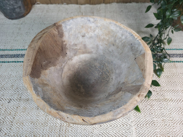 Large Old Vintage Rustic Wabi Sabi Hand Carved Wooden Mortar Bowl Dish