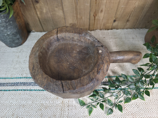 Large Old Vintage Rustic Wabi Sabi Hand Carved Wooden Mortar Bowl Dish