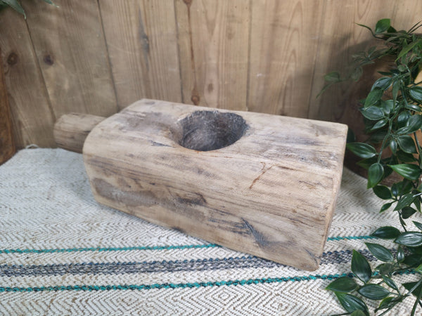 Large Old Vintage Rustic Wabi Sabi Hand Carved Wooden Mortar Bowl Dish