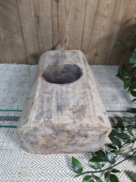 Large Old Vintage Rustic Wabi Sabi Hand Carved Wooden Mortar Bowl Dish