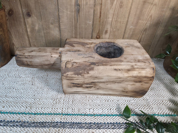 Large Old Vintage Rustic Wabi Sabi Hand Carved Wooden Mortar Bowl Dish
